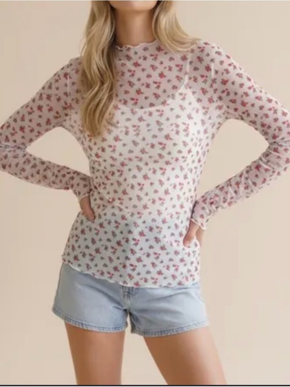 Floral Pink Sheer Long-Sleeve Mesh Top